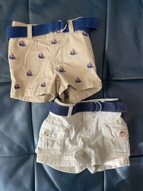 Ralph Lauren Khaki Sailboat & Cream Cargo Shorts Set with Navy Belts
